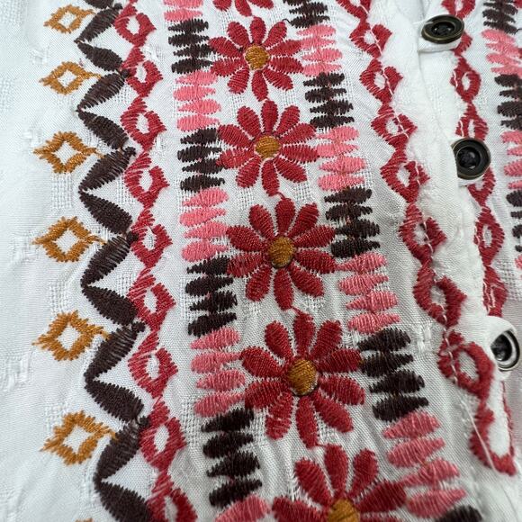 Knox Rose Embroidered Bohemian Style White Top 3/4 Sleeve V-neck Button Front, M - Picture 6 of 11